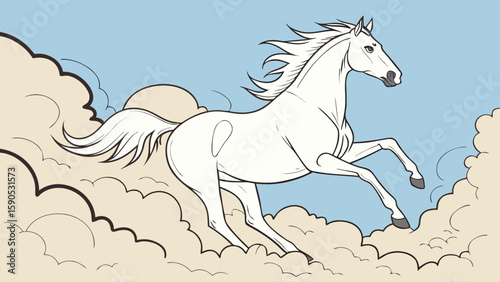 White horse rearing up amidst stylized clouds against a light blue sky background illustration