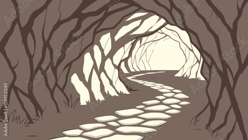 A winding stone path leads through a dark tunnel formed by intertwining tree branches and light at the end