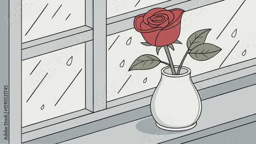 Red rose in a white vase on a windowsill during a rainy day with raindrops on the window pane