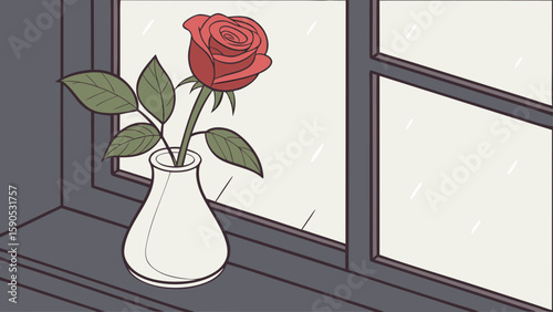 A red rose in a white vase on a windowsill with rain droplets on the window pane is displayed here