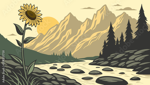 Illustration of a sunflower in a mountain landscape with a river and a yellow sun setting behind