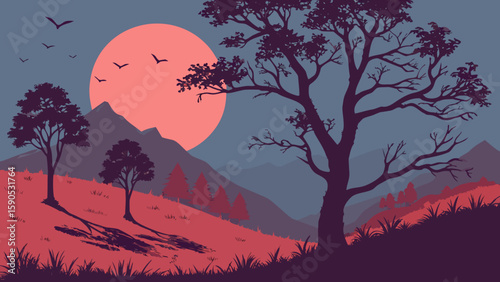 Silhouette of trees and birds against a large sun and mountain landscape scene at dusk or dawn