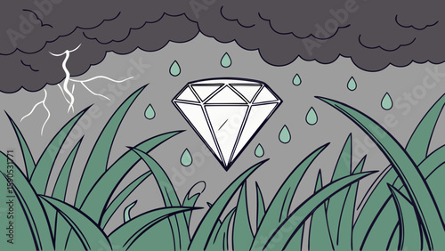 Diamond in a storm with dark clouds lightning and rain over tall grass in a field scenery scene