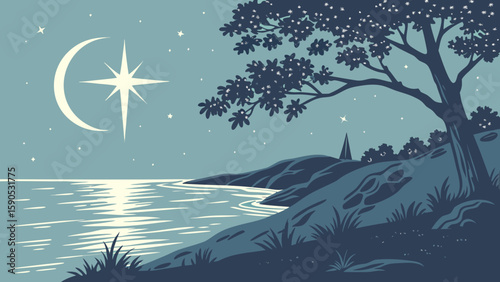 Nighttime scene of crescent moon and star over water with tree silhouette and distant sailboat
