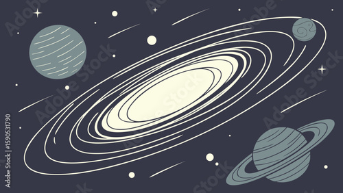 Illustration of a spiral galaxy with planets stars and meteorites in a dark blue night sky view