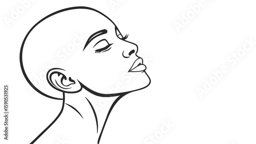 Elegant line art illustration of a bald woman looking up with closed eyes and detailed facial features