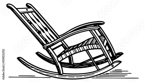 Illustration of a rocking chair with a woven seat and back in black and white outline style