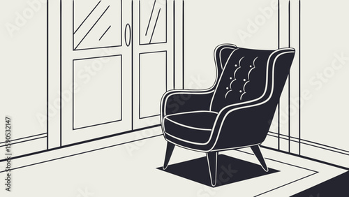 Illustration of a wingback chair in a room with paneled doors and patterned floor covering design