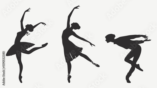 Three ballet dancers in silhouette performing different poses against a white background elegantly displayed