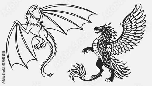Outlined dragon with wings and a griffin standing with feathered wings in black and white image style