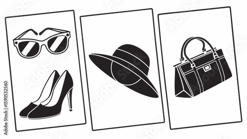 Black and white fashion accessories including sunglasses heels hat and handbag in three separate frames