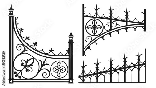 Illustration of decorative wrought iron fence elements with floral and geometric designs shown in black