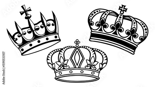 Three intricately designed crowns in black and white line art illustration style display royalty symbols