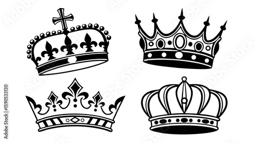 Four intricately designed black and white crowns with varying shapes and embellishments shown together