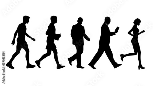 Silhouette illustration of five people walking and running in a line on a white background