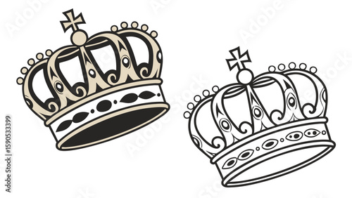 Illustration showing two crowns one colored and one black and white line art drawing of a crown design