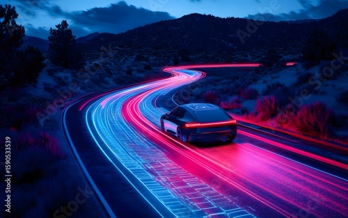 Autonomous vehicles are being tested in a proving ground, where the interplay of lights and vehicle contours showcases the forefront of technology and innovation