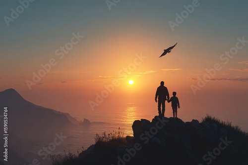Hand in hand, father and son stand on the top of a mountain at sunrise. The silhouette of a happy family holding hands with a child against a blue sky background. The grandfather is showing the young 