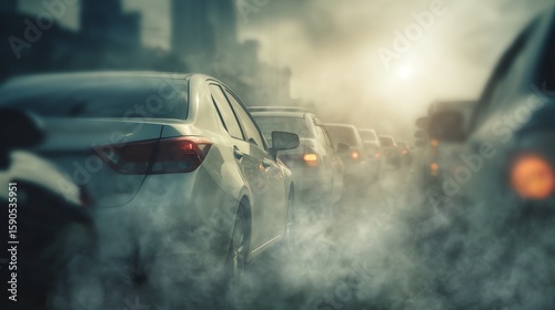 Traffic congestion in an urban area with cars emitting heavy exhaust pollution during a foggy or smoggy day.