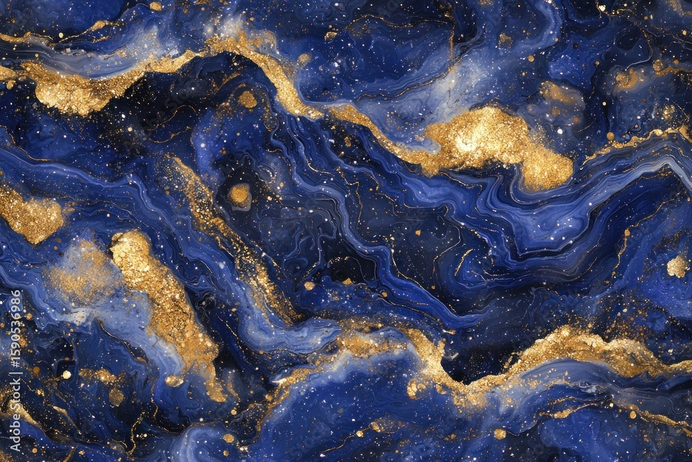 Fototapeta premium Abstract swirling navy and gold marble texture with glitter