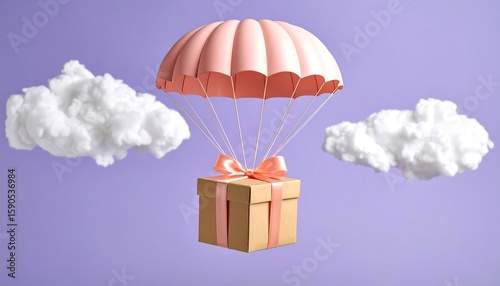 A pastel pink parachute carries a gift box through a sky of fluffy clouds