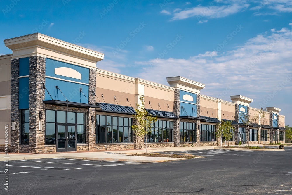 Fototapeta premium Newly constructed shopping center with empty storefronts, a light brown and blue color scheme, large grassy areas in the middle of each street corner, black windows on the ground level, professional 