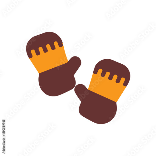 Two brown orange mittens with wavy cuffs on winter clothing