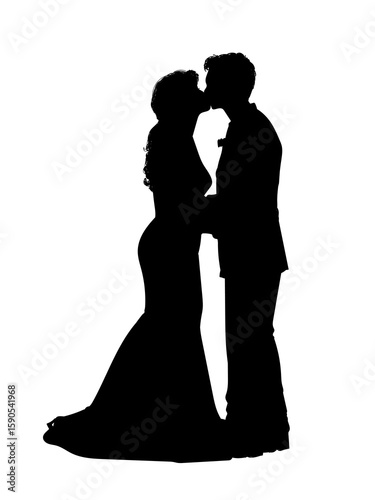 Silhouette couple bride and groom on wedding day vector illustration. Just married love couple, newlyweds, romantic moment.