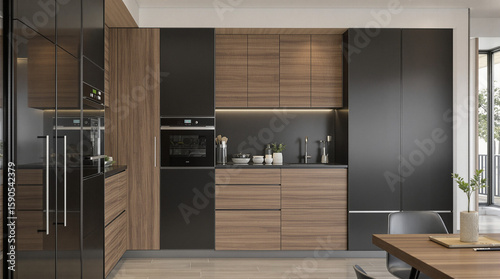 Modern kitchen with sleek black and warm wood cabinetry, integrated appliances, and a minimalist countertop.  A dining table is partially visible in the foreground