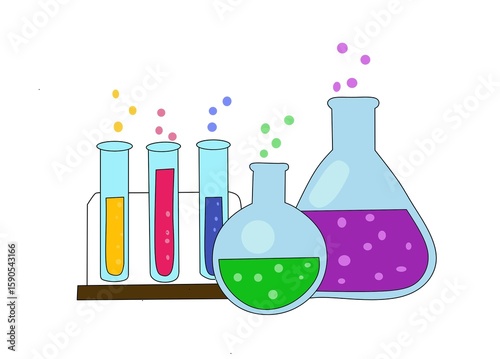 A vibrant and colorful illustration depicting various laboratory glassware, including test tubes filled with yellow, pink, and blue liquids, and two beakers containing green and purple solutions