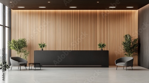 Modern Reception Area Design With Wood Panels And Greenery
