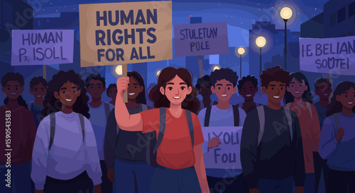 A young girl stands on a stage holding a banner reading "DISCRIMINATION," surrounded by an audience in a spotlight. 
