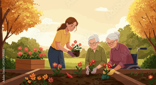 The serene outdoor environment promotes bonding, care, and community support, especially for the elderly.
