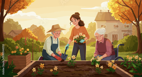 The serene outdoor environment promotes bonding, care, and community support, especially for the elderly.