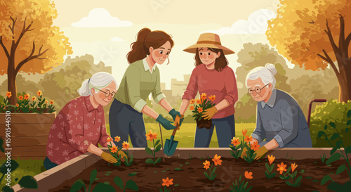 The serene outdoor environment promotes bonding, care, and community support, especially for the elderly.