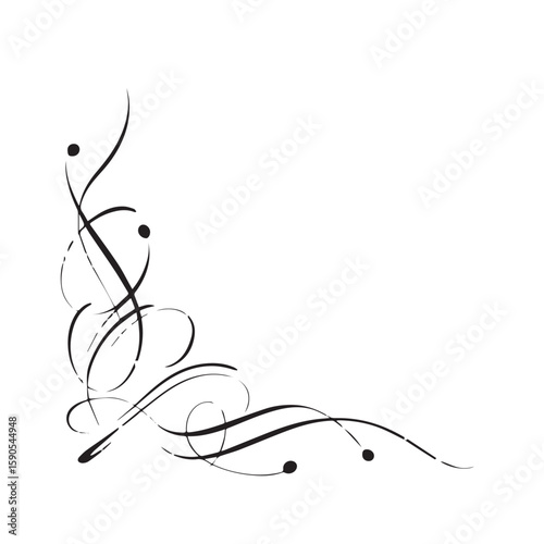 An elegant black and white flourish with swirling lines and dots, perfect for adorning the corner of a design