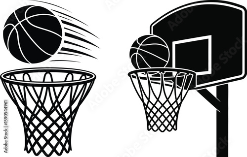 Minimalist Basketball Hoop and Ball Silhouette Vector Icon Set
