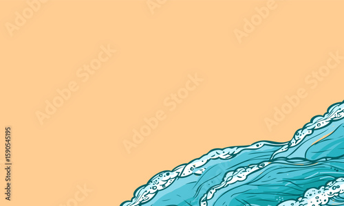 Dynamic cartoon vector illustration of ocean waves with foam crashing onto a sandy beach. Ideal for coastal themes and summer promotions.