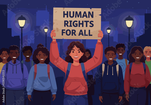 A young girl stands on a stage holding a banner reading "DISCRIMINATION," surrounded by an audience in a spotlight. This scene highlights activism and raising awareness about social justice issues.