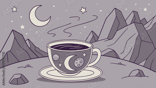 Stylized coffee cup with celestial designs on a saucer in a mountainous landscape at night scene
