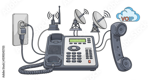 Illustration of a gray landline phone with antennas and voip cloud connected to a wall outlet on transparent background