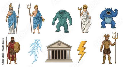 Illustration of greek gods, monsters, lightning bolts, and a temple on a white background, detailed drawing on transparent background