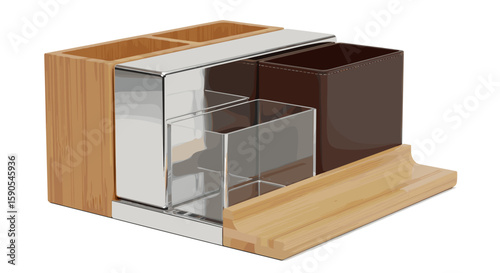 Close up shot of a multi compartment desk organizer with wooden and metal accents on a white background on transparent background