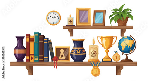 Illustration of two wooden shelves with various decorative items including books vases trophies and frames on transparent background