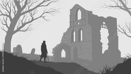 A lone figure walks towards the ruins of an old building in a grayscale misty landscape scene with trees