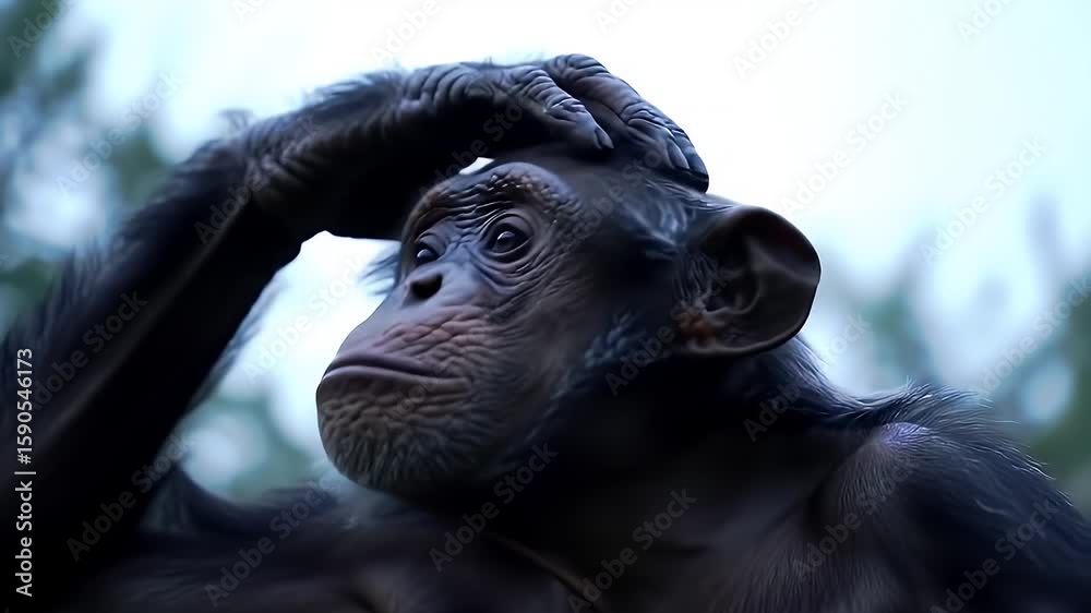 Thoughtful Chimpanzee with Black Fur and Brown Skin Looking Upwards in Green Forest Background