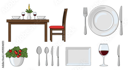 Illustration of a dining table set with plates, cutlery, glasses, and a chair, ready for a meal service on transparent background