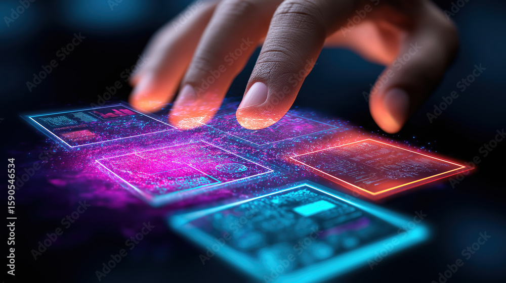 Naklejka premium Futuristic technology interface with hand interacting in digital space