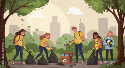 A group of young people collecting trash and sorting recyclables in a park. This illustration promotes the importance of environmental conservation and the efforts made by individuals in maintaining a