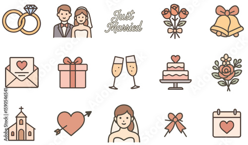 Elegant Wedding Icon Set – Hand-Drawn Flat Line Illustrations
